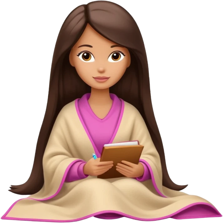 Barbie girl with a long straight dark brown hair inside a pale beige blanket is writing a book emoji