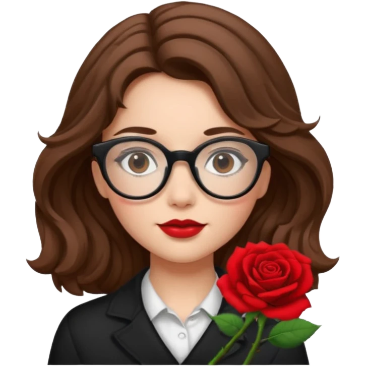 Una ragazza con capelli castani mossi e indossi occhiali neri e con una piccola rosa nella testa emoji