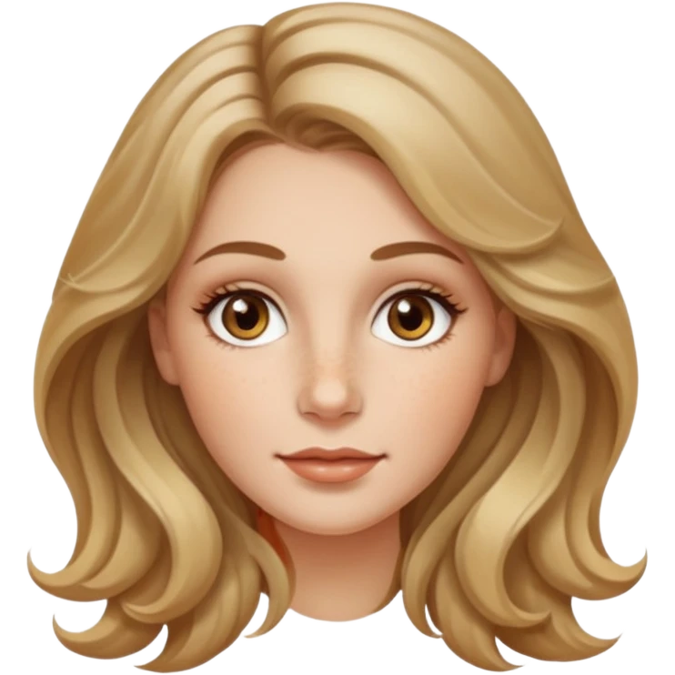 creative women with long dark Blond with highlights wavy hair white women, oval shape face hazel eyes long lashes little bit of freckles on the nose high cheek bones emoji