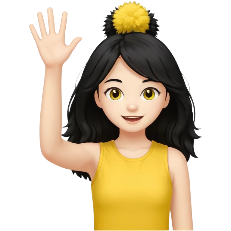 A long black hair teen girl waving pom-poms, eyes sparkling with excitement, yellow top emoji
