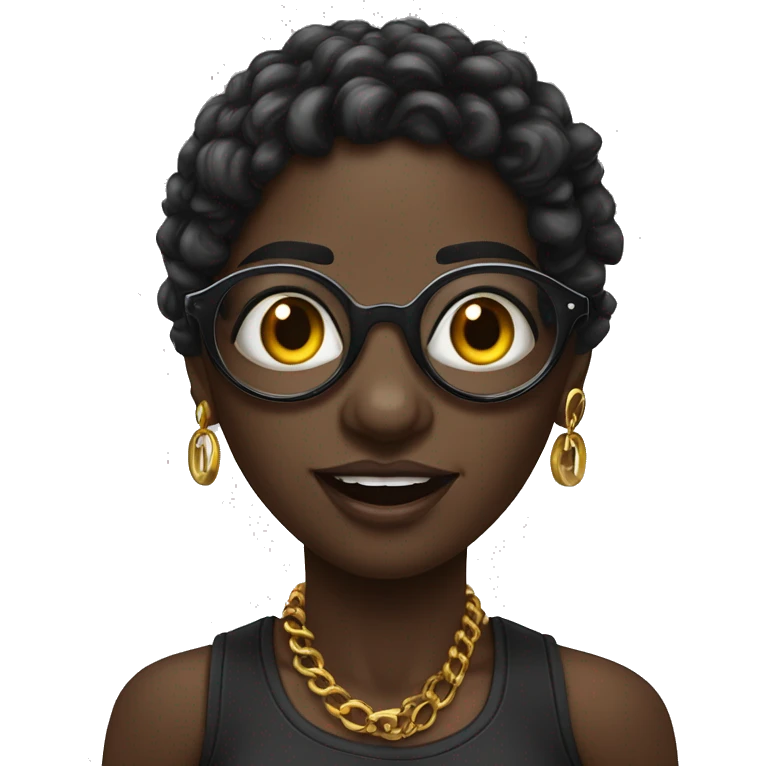 Negra, bonita, gordinha, com piercing no nariz direito, bochechuda, com oculos, 9 piercing na orelha emoji