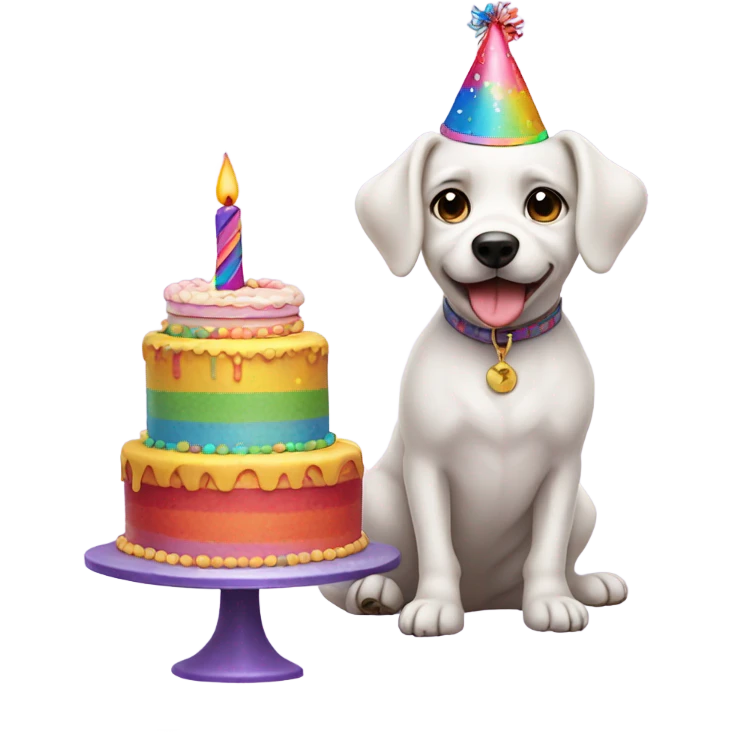 White male small dog wearing birthday hat with a cake  emoji