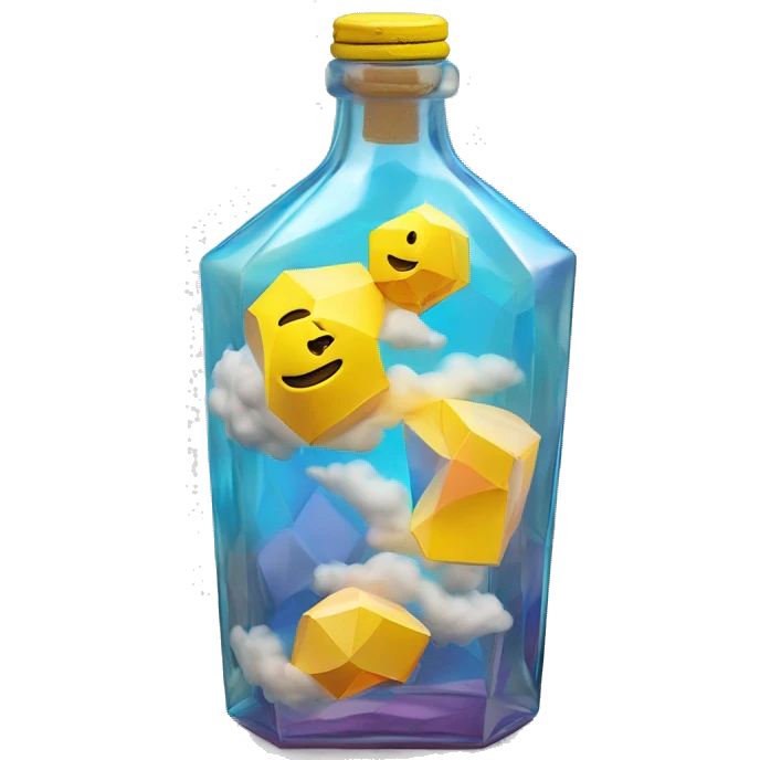 clouds in a bottle sculpture symbolizing Gemini with a geometric, faceted design. The bottle is standing upright with angular and disney features. The vibrant yellow lightning colors highlights the sharp edges and planes.  emoji