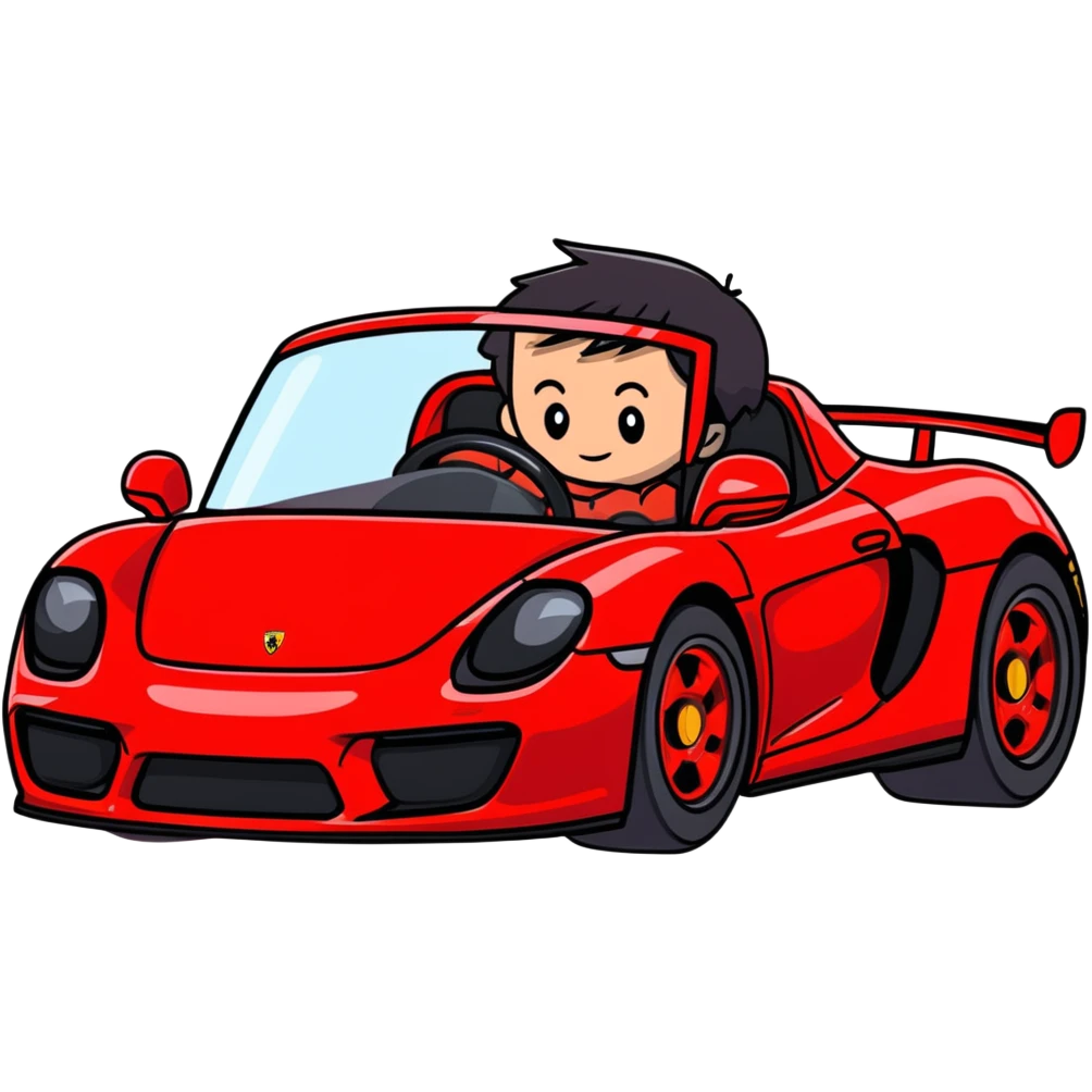 young gamer boy with black hair driving a Red Porsche carrera GT emoji