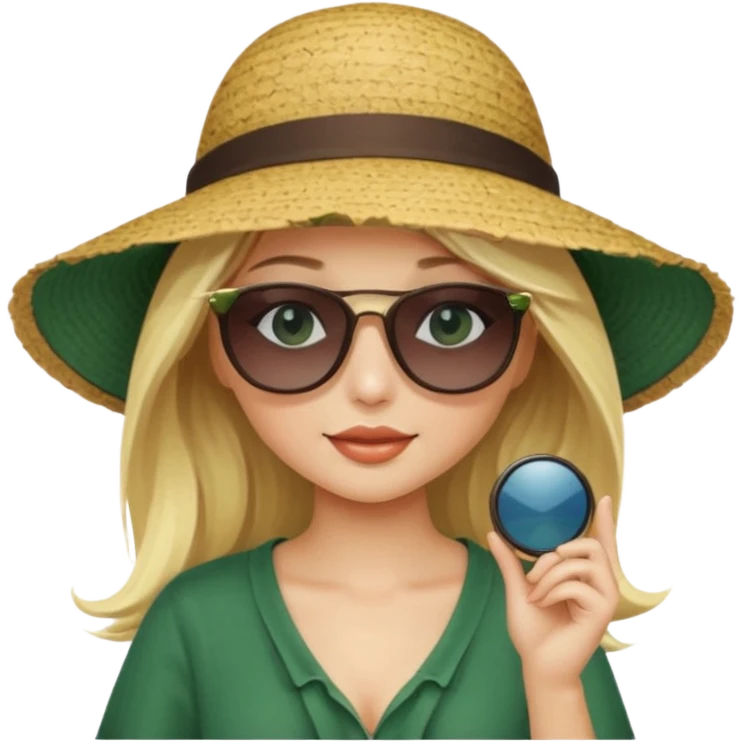 
blonde girl in dark green beach big hat adjusting sunglasses emoji