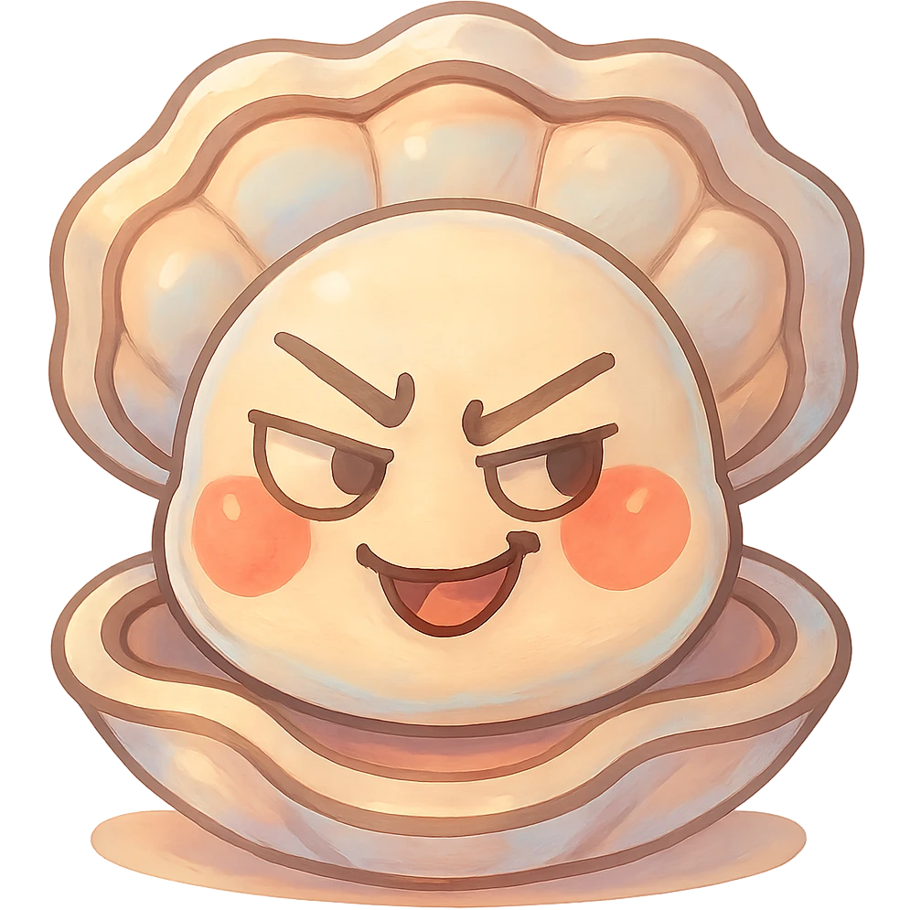 Enhance the cute oyster by adding subtle pastel highlights, accentuating the cream, peach, and greige texture, giving the shell a pearly effect and more volume, making the red cheeks even more luminous and natural, while keeping the mischievous expression and transparent background. emoji
