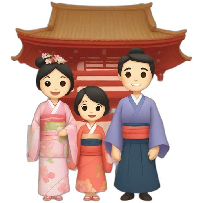 father, mother, and two kids with kimono in a temple emoji