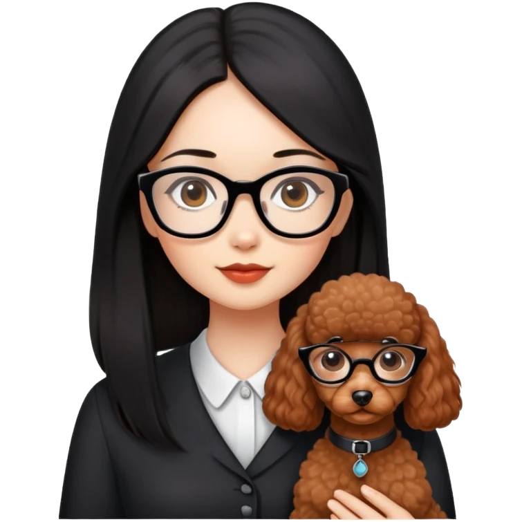 A beautiful girl with glasses with fair skin has long straight black hair and a miniature reddish-brown Poodle. emoji