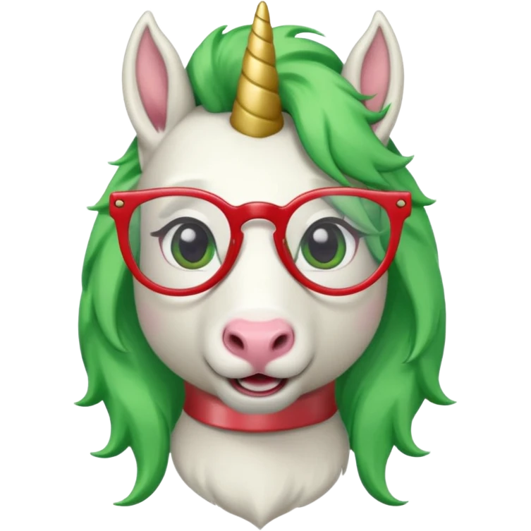 white furred unicorn with green hair and big red earrings looking into camera and spectacle emoji