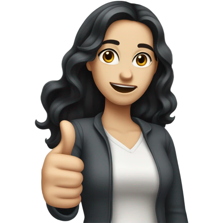 White skinned woman with long wavy black hair and big hazel eyes giving sarcastic thumbs up emoji