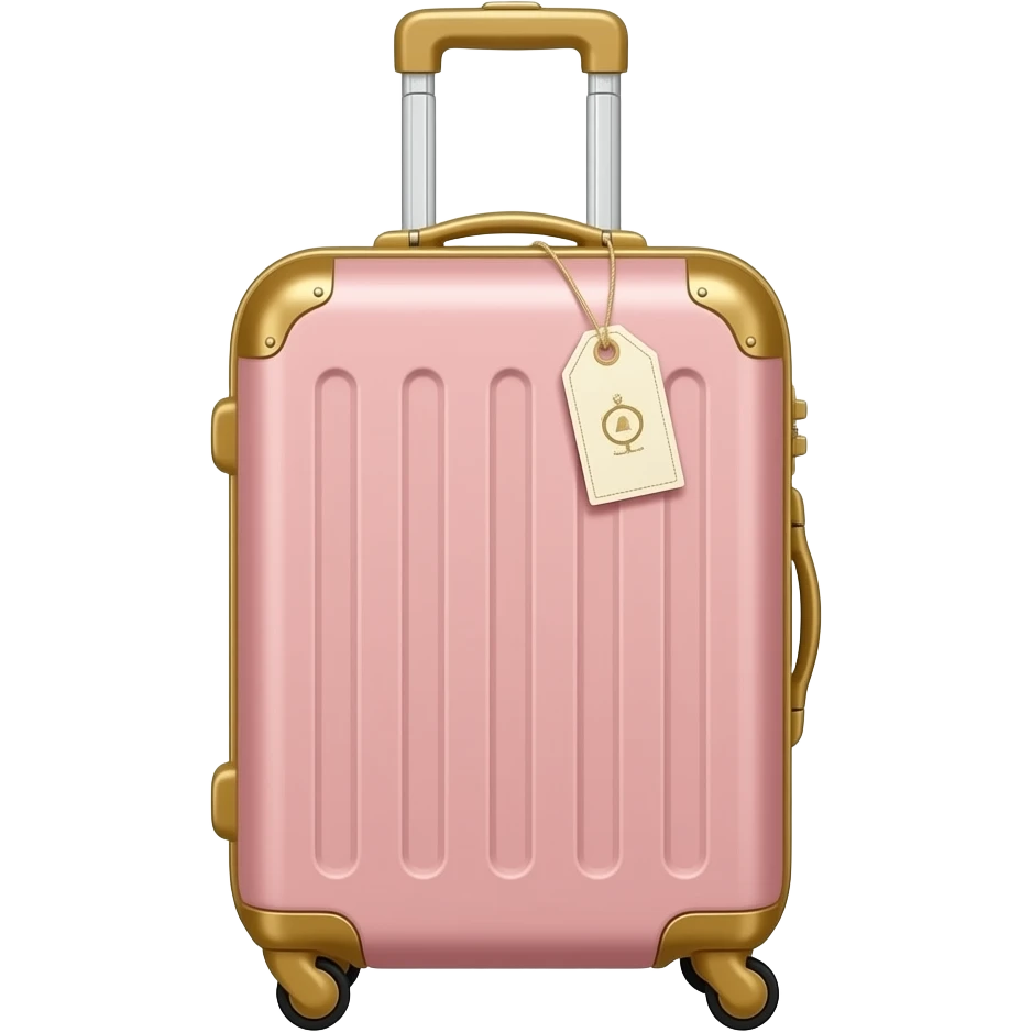 Luxury suitcase for a London girls trip, isolated, centered, no background, blush pink hard shell, gold handles, chic luggage tag, glamorous travel aesthetic emoji