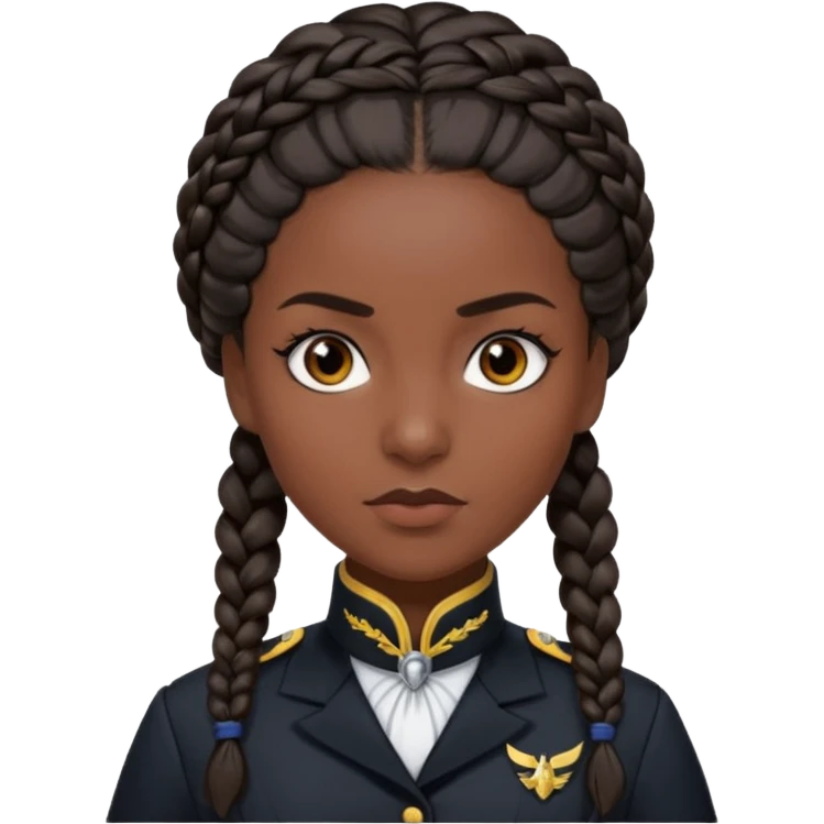 Create a realistic portrait of Bianca Barclay with dark braided hair, Nevermore uniform & confident gaze. emoji