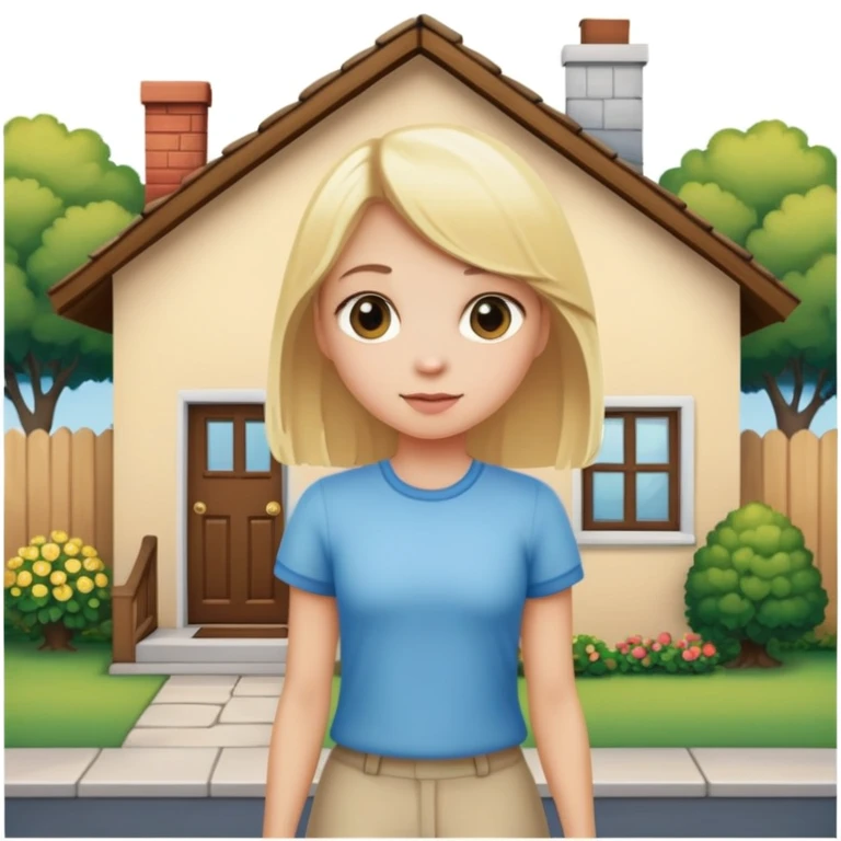 a blonde girl standing outside a small cute home emoji