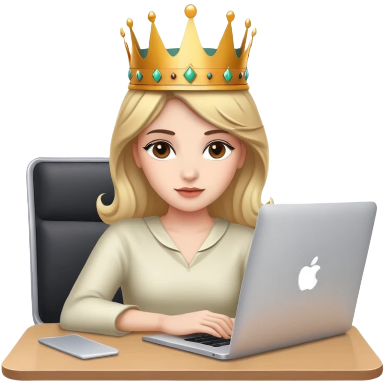 Attractive woman with crown on her head sat at the desk with MacBook emoji