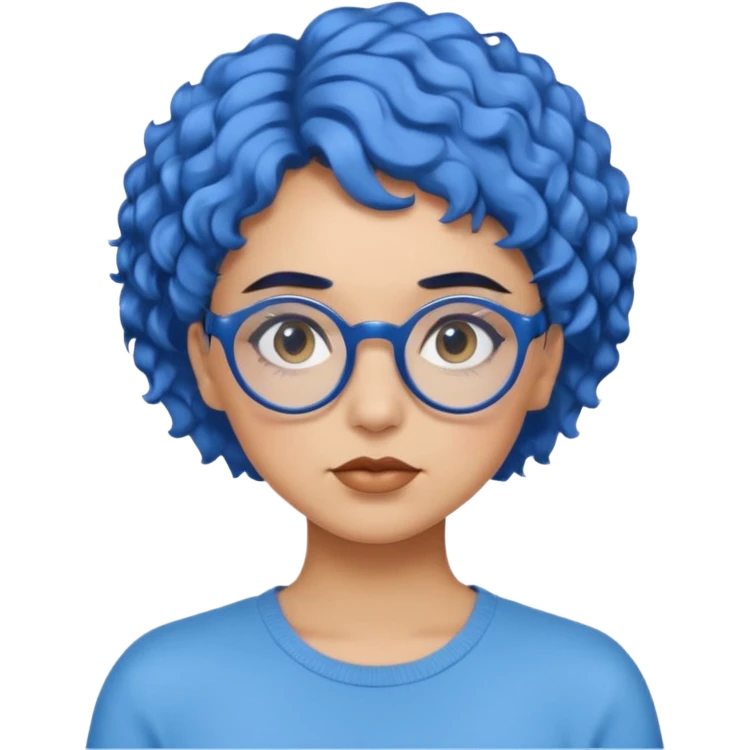 laydy with short, curly blue hair, matching blue eyebrows, light brown skin, round black glasses, and a neutral facial expression. emoji