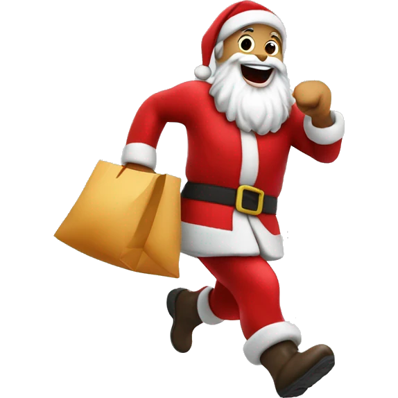 Santa Claus dressed in red running to deliver a bag of presents emoji