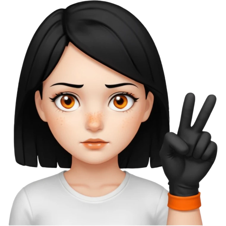 Girl with Black hair , scars on her nose to her left cheeks,orange eyes, withe shirt, pointing at you , with black gloves  emoji
