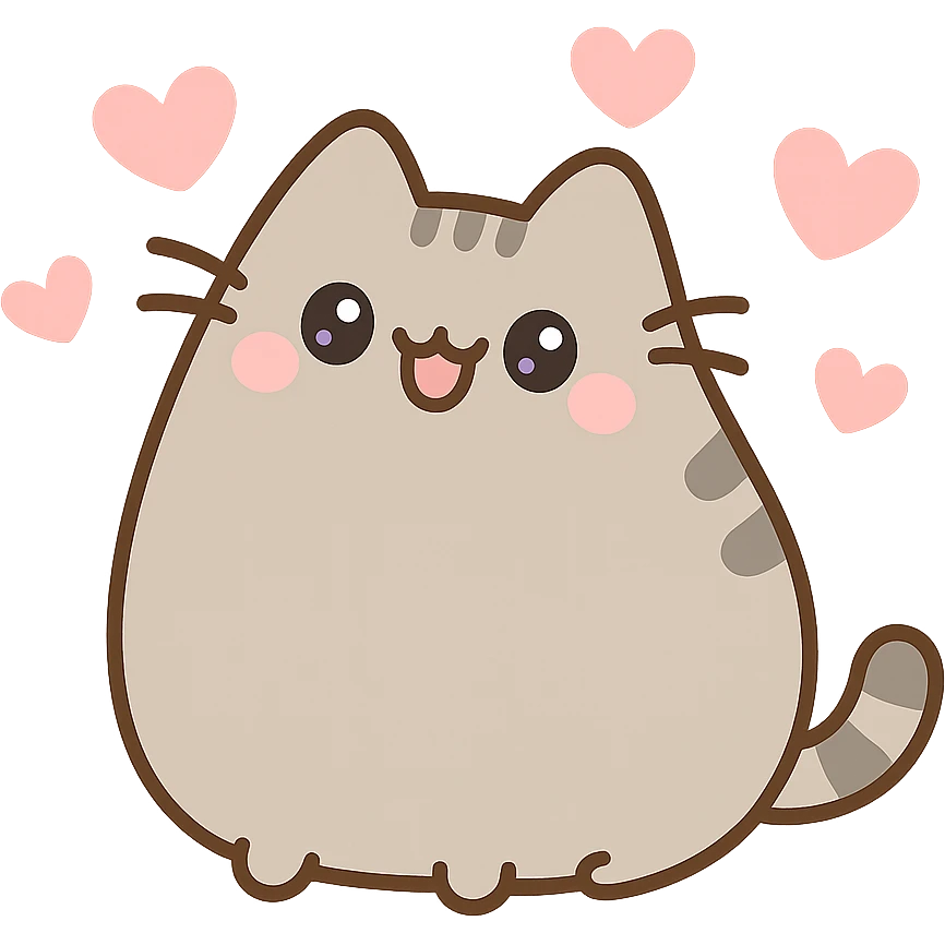 Pusheen surrounded by floating hearts, joyful expression emoji