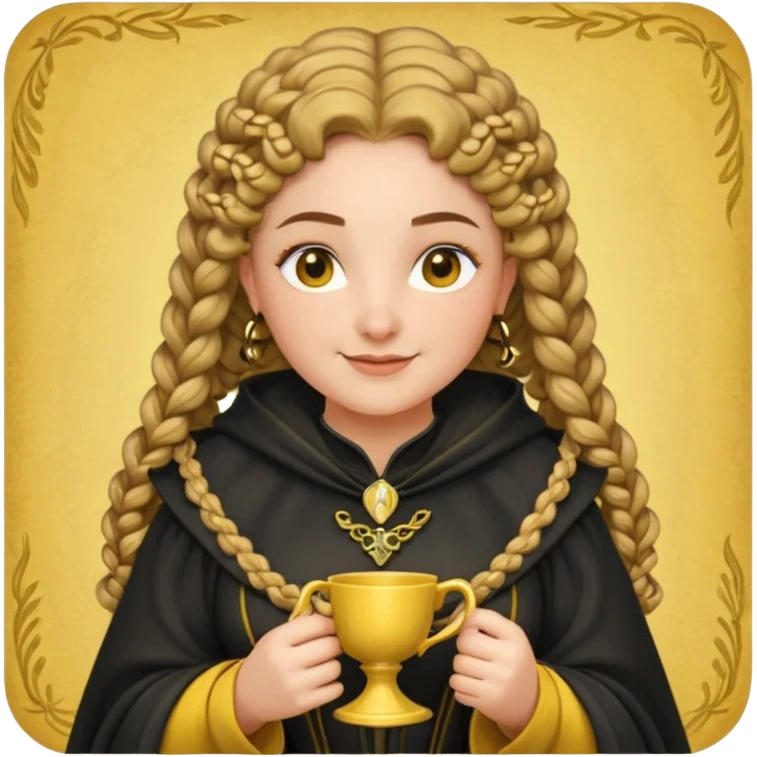 Helga Hufflepuff, 2 curly thick brown braids, yellow-black medieval dress, black cloak decorated with gold braiding, tiny two-handled shiny yellow-gold cup, very kind smile, curvy busty sweet woman, thick rosy cheeks emoji