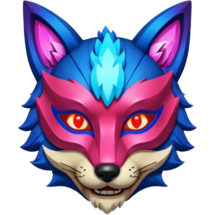 Ancient wooden mask, broken in half, luminous and neon with red, blue, and pink fox-like glow. Fragments of the mask scattered around. emoji