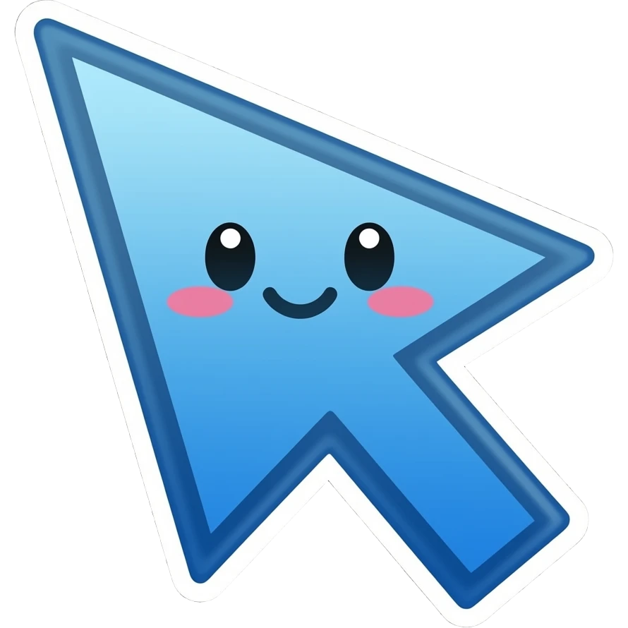 Blue arrow cursor with cute face, 3D apple emoji style, glossy, black background emoji
