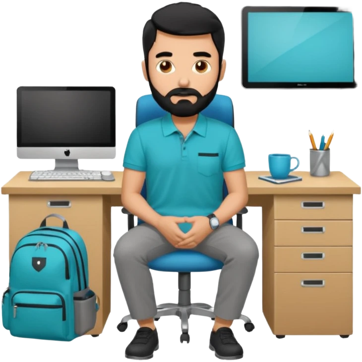 man with blackshot male hair and black hair and beard and hes in a office with his grey backpack on the floor and he has a tourquos polo shirt with backpack on floor on desk computer and grey pants emoji