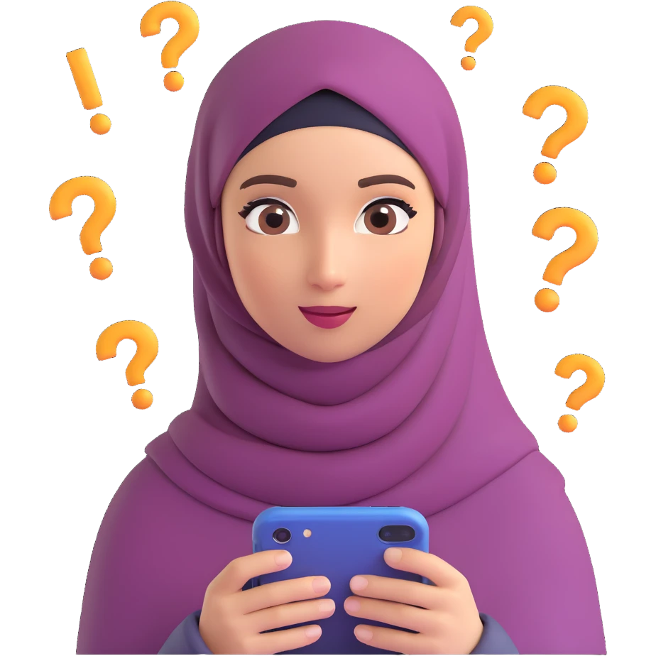 confused young woman in hijab, question marks circling her head, iPhone memoji style, 3D, soft lighting emoji