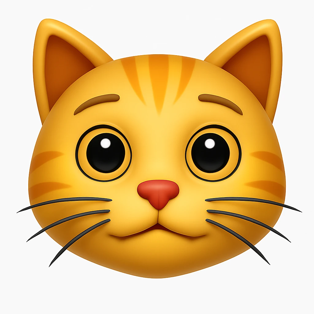 Remove the antenna thing on top of the cat's head. Keep the image exactly the same otherwise. The style is iOS emoji style, 3D, shiny, smooth gradients, soft shadows, realistic cat face, classic emoji look. emoji