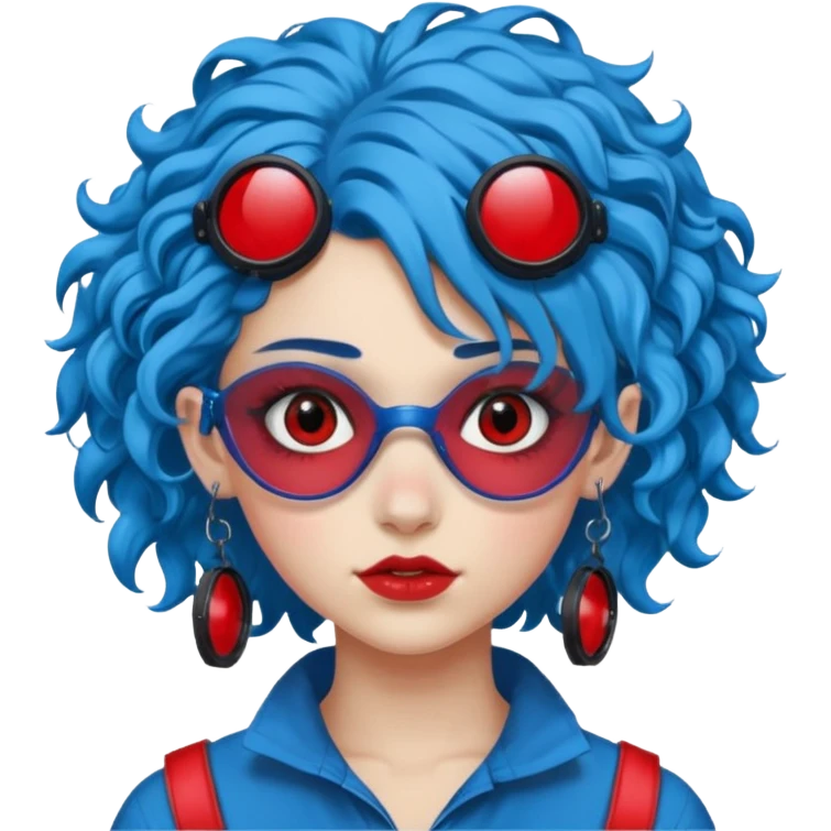 blue curly haired girl with huge earrings, wearing red paintball eye protection, only face  emoji