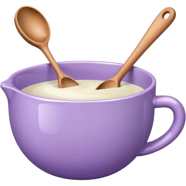 a lilac ceramic mixing bowl with a wooden spoon stirring emoji