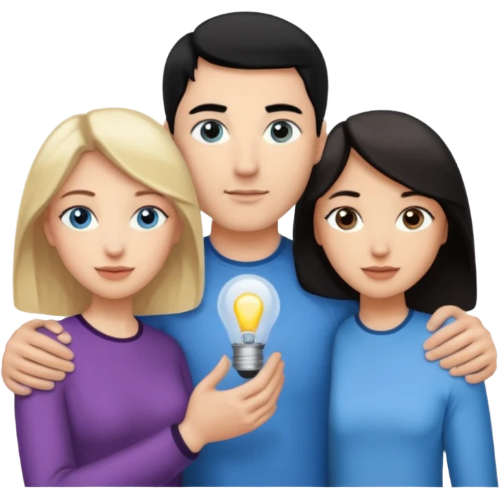 Blond woman with blue eyes on left. And a Man with black hair and grey eyecolor in the middle. And a blank woman with brown hair and grey eyes on the right. Holding each other  emoji