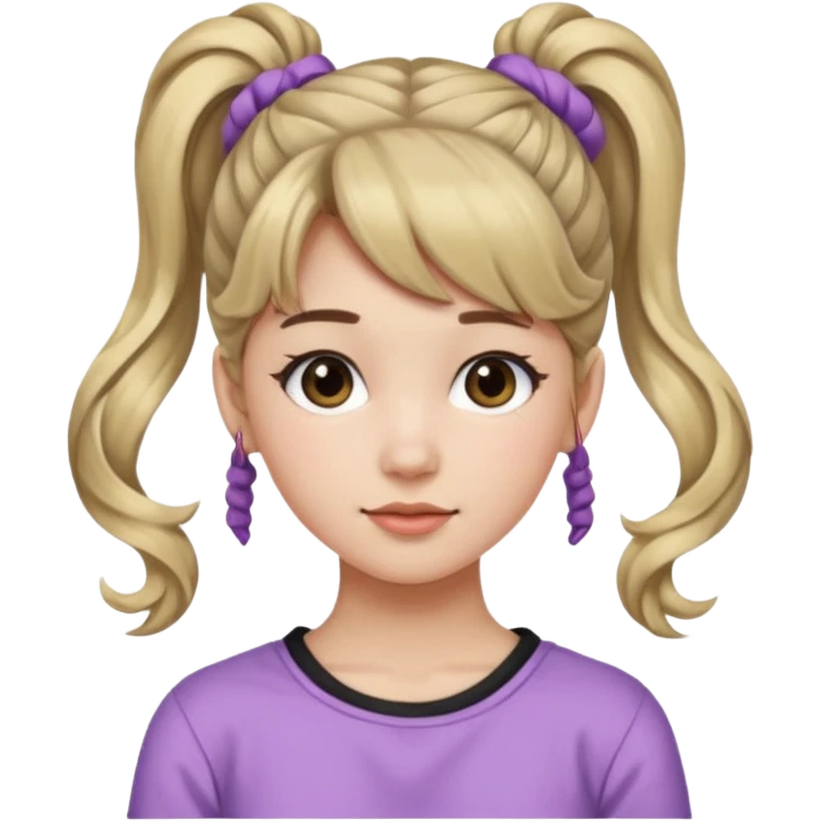 Teenage girl, wearing a cute and aesthetic outfit, with her hair tied up in a high ponytail, and with side bangs also front bangs, her hair wavy emoji