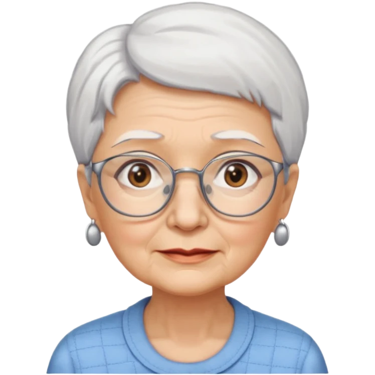 Create me emoji of an old lady. Short white hair to left side. Square glasses. Brown eyes. Rounded bigger face. Wide nose emoji