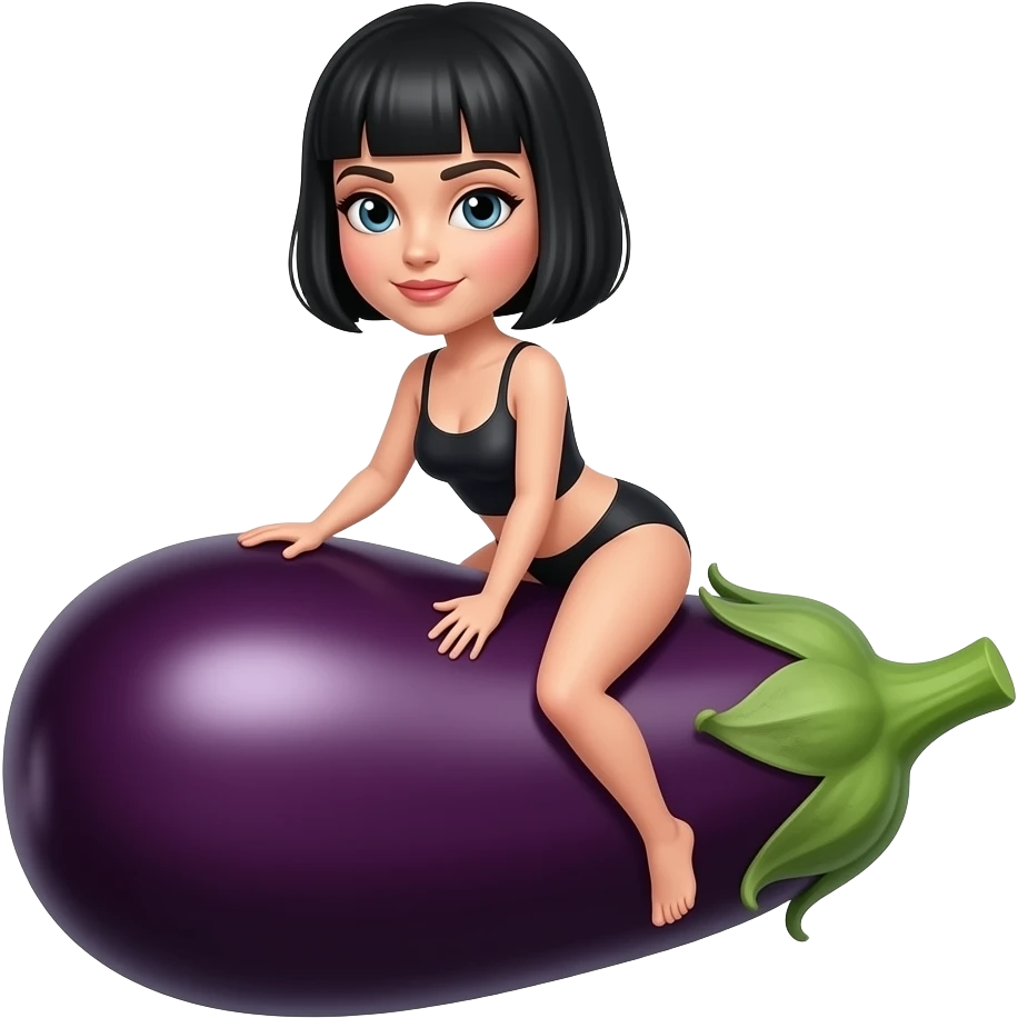 White woman black bob haircut straddling an aubergine emoji