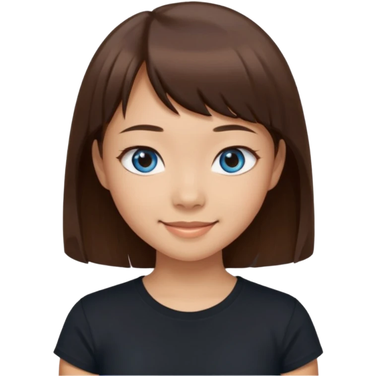 a girl with narrow Asian blue eyes, brown hair, and a small bang below her shoulders, wearing a black T-shirt, smiling emoji