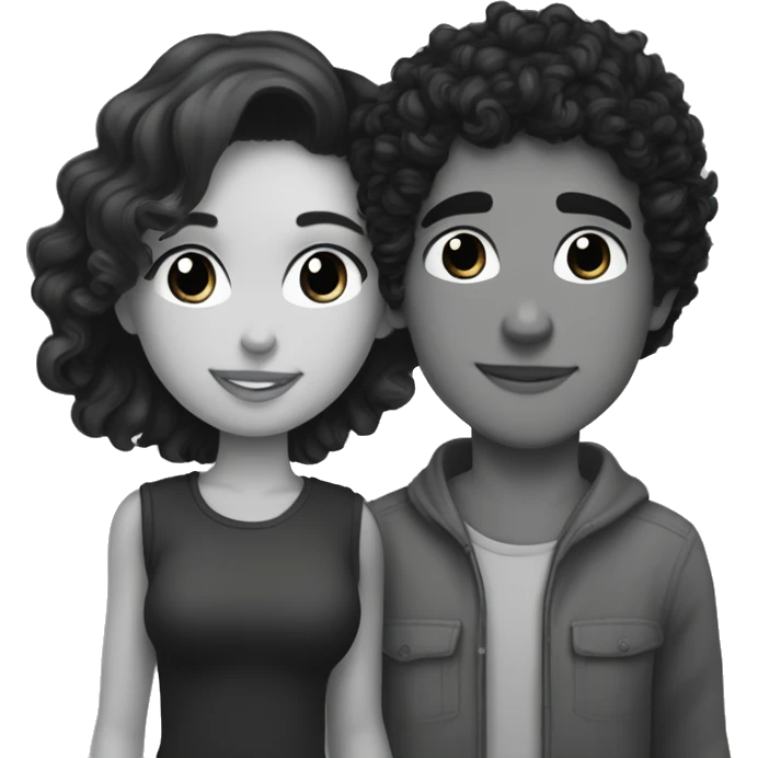 A dark-haired girl with freckles and a fair face kisses a dark-haired and curly guy with gray eyes on the cheek emoji