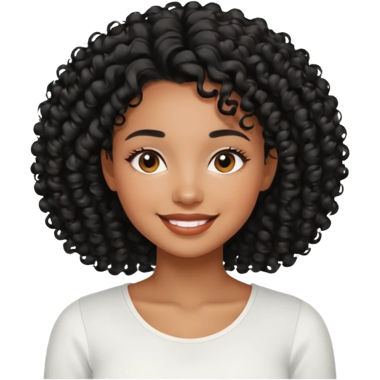 a young woman.She has voluminous, curly black hair long that frames her face beautifully. Her skin tone is black light and glowing, and she has a subtle, natural makeup look. She’s smiling softly at the camera. She is wearing a white top emoji