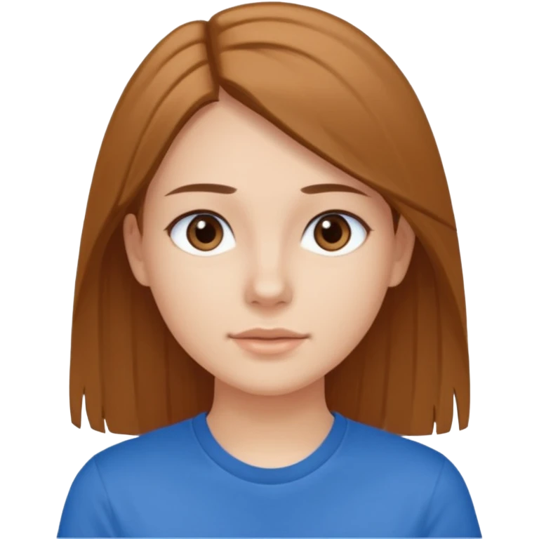 young brawn-eyed woman with straight hair with a blue t-shirt with  emoji