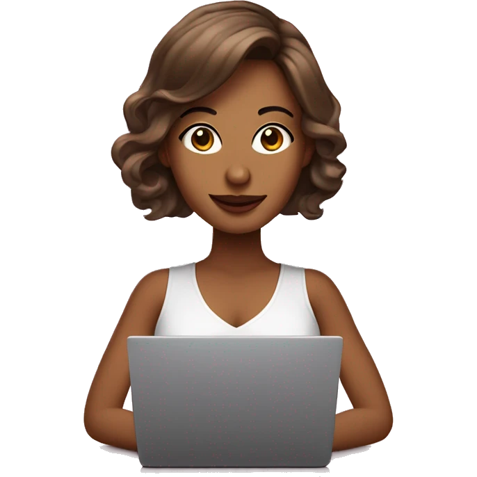 mujer cabello castaño piel blanca con ojos grandes cafe, con una laptop y vestida de rosa emoji
