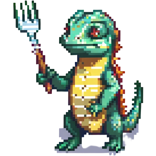 lizard holding a fork and a fish emoji