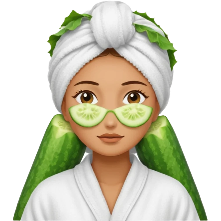 woman at the spa with cucumbers slices covering her eyes and tan skin tone with towel completely covering hair and robe on emoji
