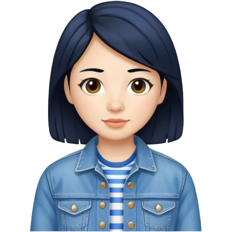 Teresa Li in black hair, wearing blue and white striped shirt and denim jacket emoji