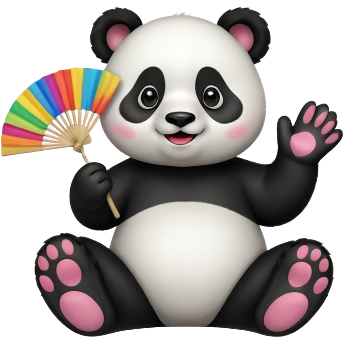 A panda waving a painted fan joyfully, cheeks puffed in excitement sitting
 emoji
