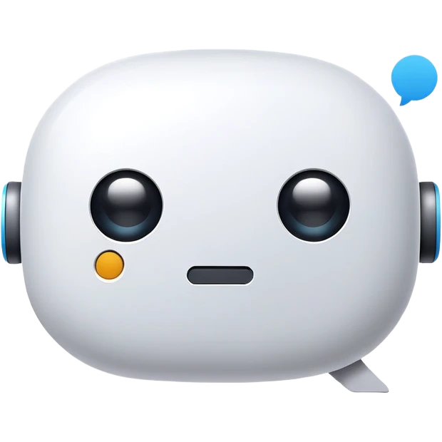 Create a minimalist icon of a chat bubble with a friendly robot face inside, using simple geometric shapes. The robot should have gentle, rounded features and dots for eyes. Single line art style, centered composition, no background. emoji