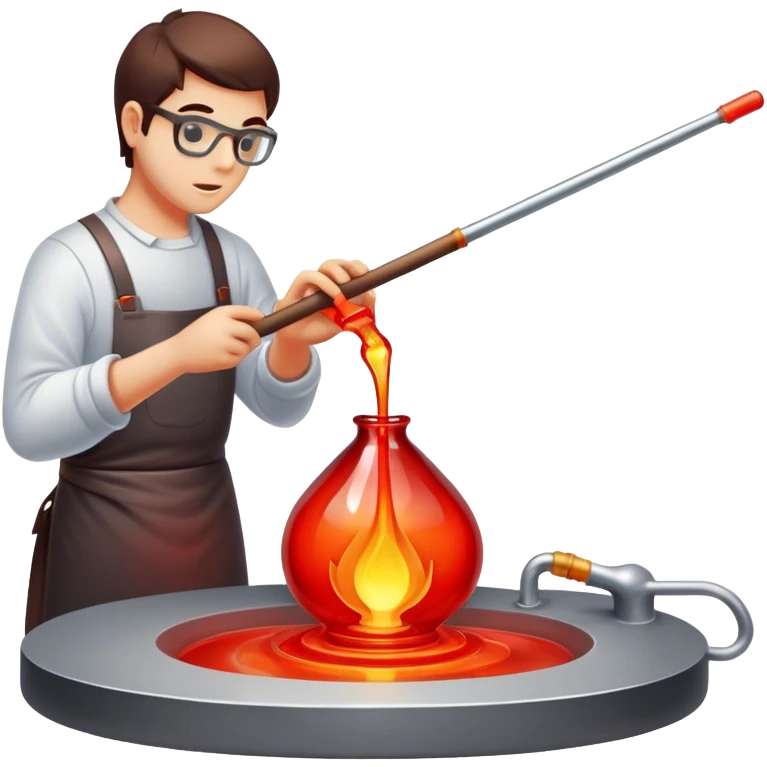 Glassblowing and casting icon, molten glass being shaped into a delicate object with a blowpipe, glowing red-hot glass being poured into a mold, unfinished glass sculpture, minimalistic style, clean lines, transparent background. emoji