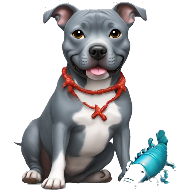 Blueish gray Staffy with lobster toy  emoji