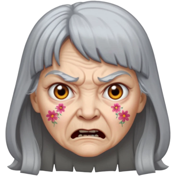 Angry old woman with long gray hair and bangs and scary eyes in a moomoo emoji