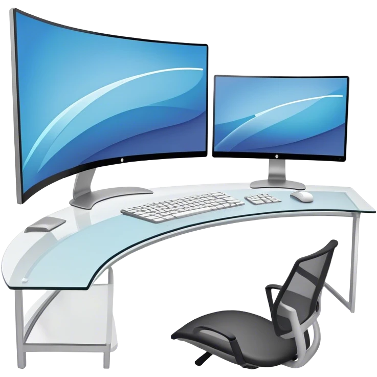 Create an emoji for UX/UI design. Show  large curved monitor displaying windows with UX/UI design HTML program interface. Include a mouse, keyboard, and stylus next to the screens. Use modern, professional colors. Do not include any emojis or smiley faces. Make the background transparent. emoji