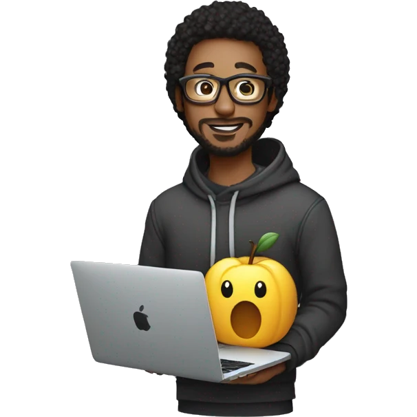 a designer in glasses and a hoodie holds a mac book in his hands emoji
