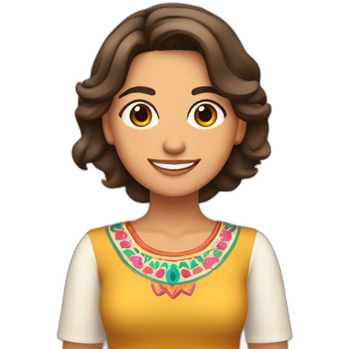 Xochitl Gálvez, mujer mexicana, cabello bob lacio, castaño claro, regordeta y con huipil, sonriente emoji
